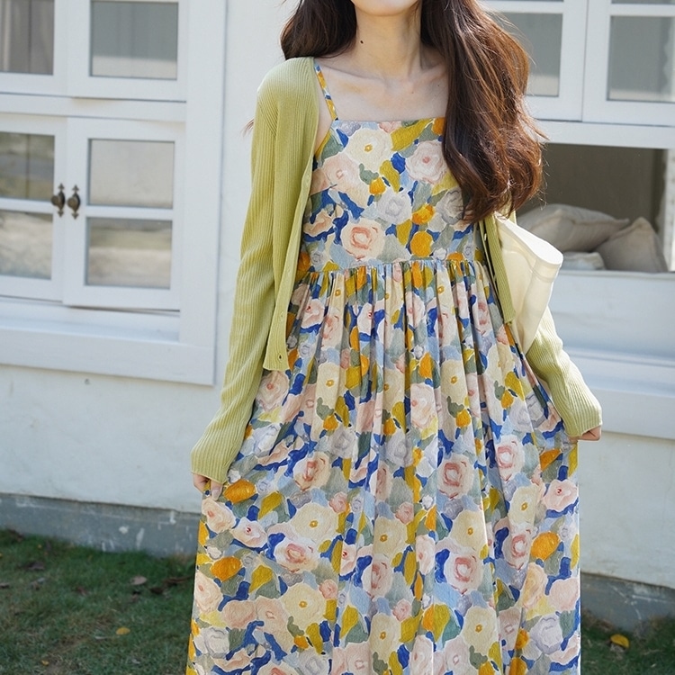 【着用レビュー】 ワンピース 花柄 綺麗 XS S M L 韓国 キャミソールワンピース キャミワンピ XS S M L 小さいサイズ フレア Aライン かわいい 大人可愛い 上品 エレガント 清楚