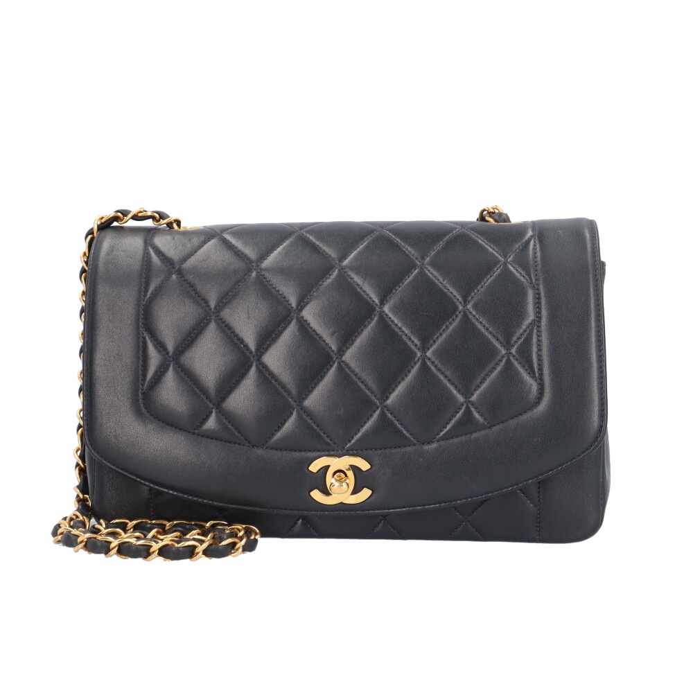 シャネル ダイアナ25 マトラッセ ショルダーバッグ ラムスキン ネイビー CHANEL 中古 美品