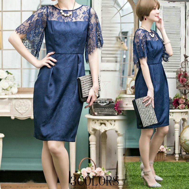 パーティードレス ワンピース 結婚式 ドレス パーティー 大きいサイズ レース 総レース 二次会 お呼ばれ 服 大人 半袖 長袖 2018新作