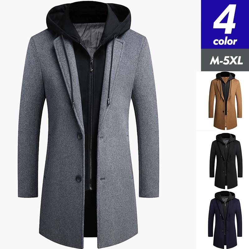チェスターコート メンズ ロング フェイクレイヤード アウター フード付き 取り外せ カジュアル 大きいサイズ 厚手 防寒 秋冬 通勤 おしゃれ 上品