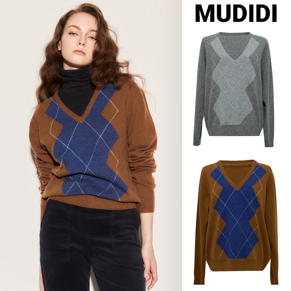 [MUDIDI] Argyle v-neck knit 001