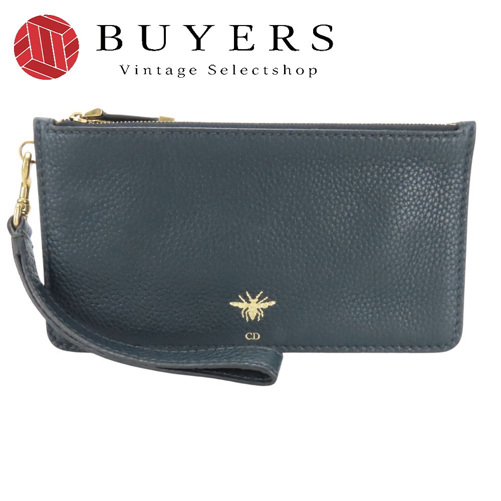 中古 ポーチ 蜂 レザー ネイビー系 ゴールド金具 マルチケース クラッチ レディース 女性