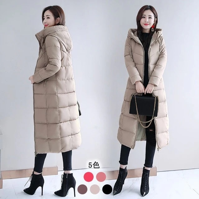 【タイムセール】超ロングコート レディース ダウンコート 細身 着痩せ 黒 コート フード付き 無地 中綿コート