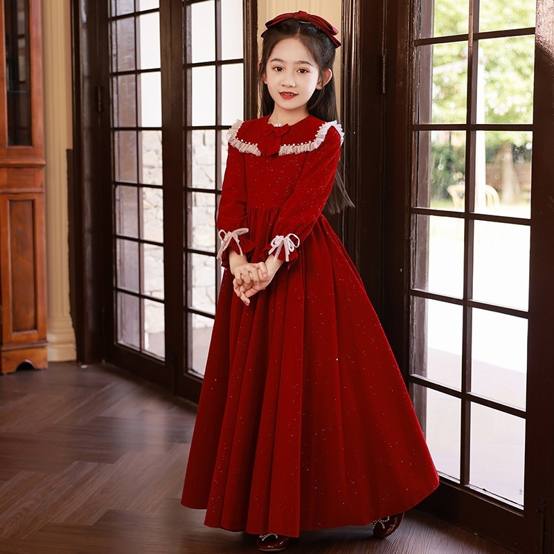 【2枚購入で 3oo円OFF】少女の長袖ドレス2025冬の赤い女の子プリンセススカートホスト子供のピアノパフォーマンスコスム 5,281円