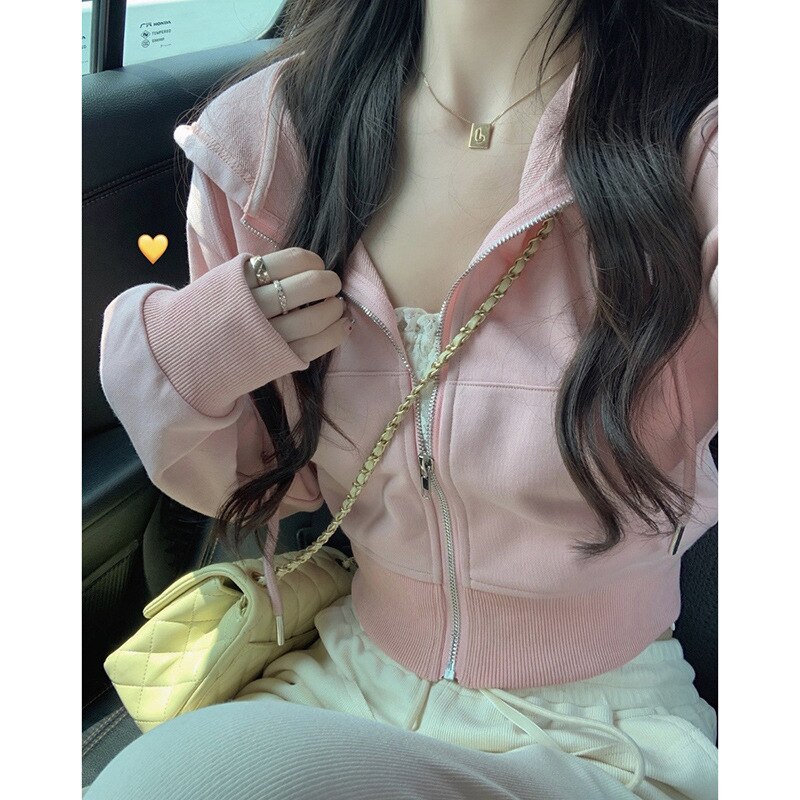 【超お得1つ買うと10個もらえる】急速出荷2025 新しいピンクのフード付きセーター女性の秋の新しいスタイルのスリム フィット長袖ジッパー ショート トップ