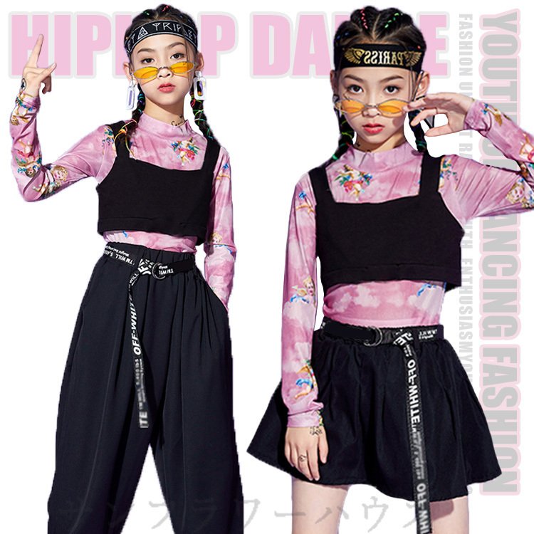キッズダンス衣装 セットアップ ワイドパンツ 黒 長袖シャツ スカートセット ピンク 花柄 最新のデザイン 最大80%OFFクーポン ベスト
