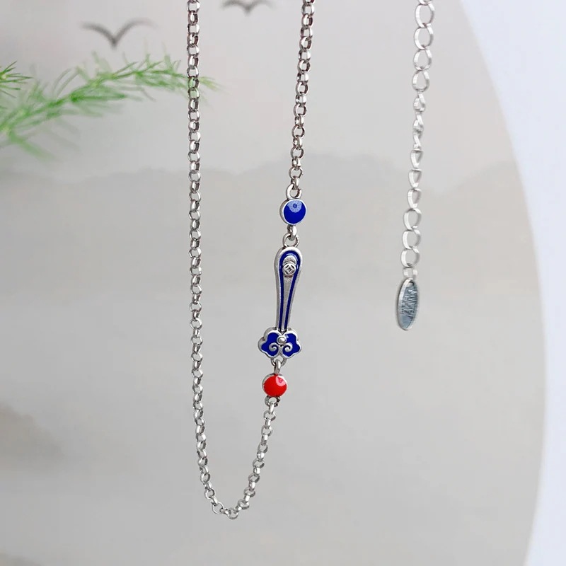 S925 スターリングシルバー Ruyi ネックレスチェーン付きヴィンテージ七宝焼きエナメルペンダント調節可能な鎖骨チェーン