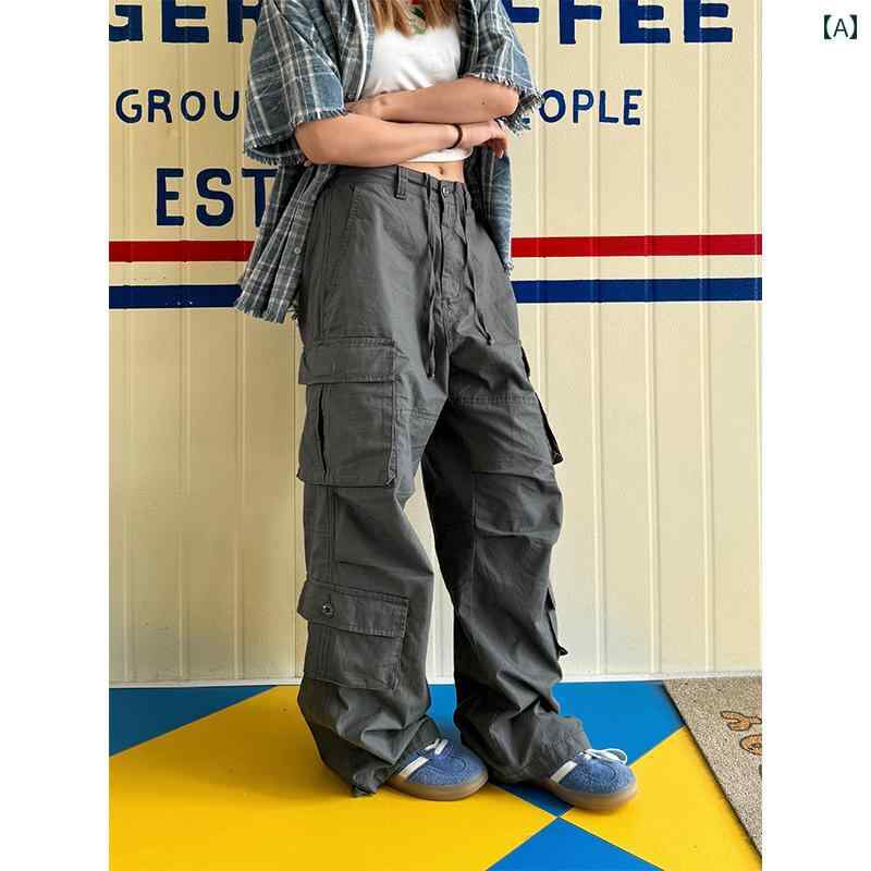 カーゴパンツ　メンズ　レディース チュアン イエ アメリカン レトロ ウォッシュ マルチ ポケット ベルト ロープ オーバー オール メンズと レディース ストリート ワイド レッグ パンツ