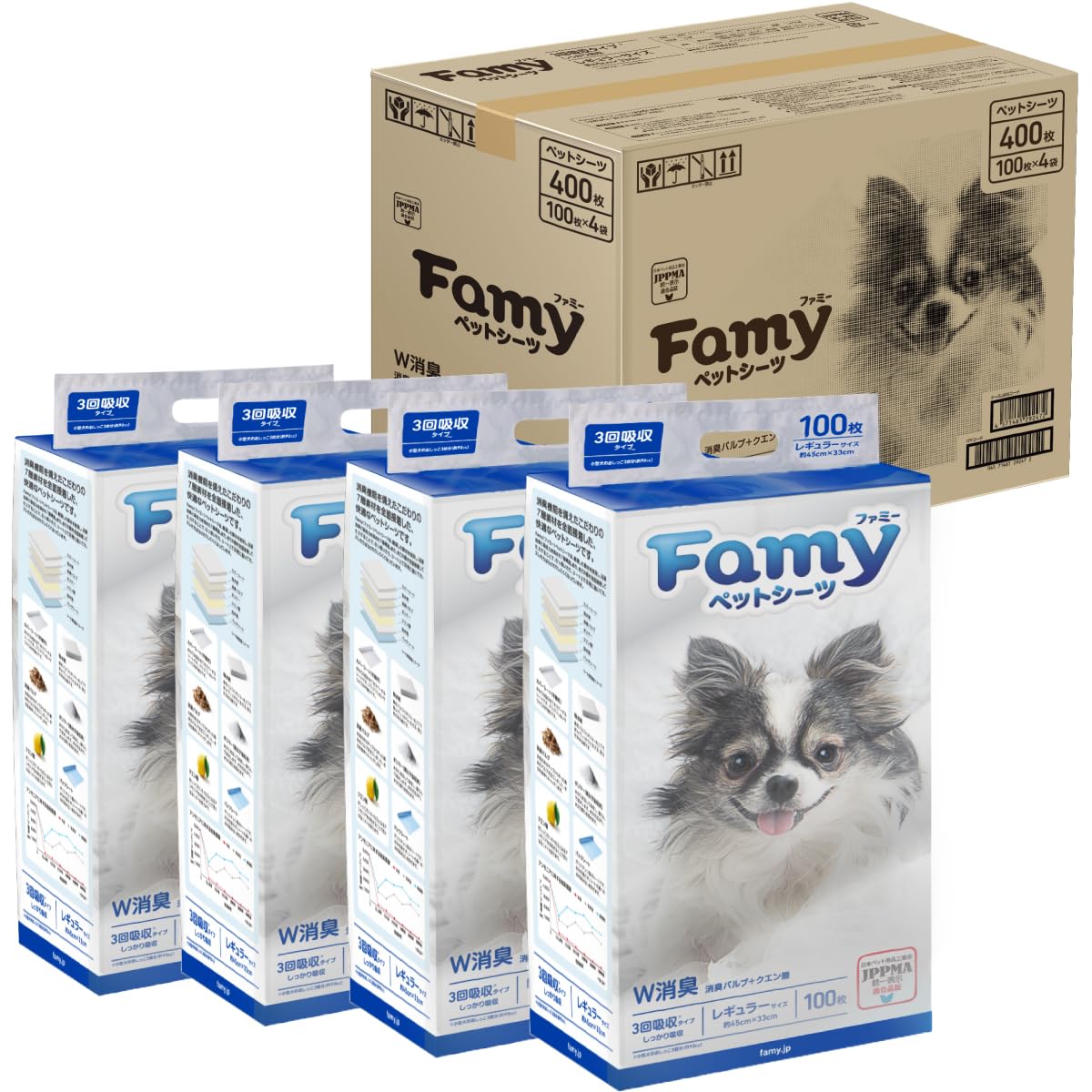 Famy ファミー ペットシーツ 厚型 レギュラー 3回吸収タイプ 400枚入り（100枚入り×4）
