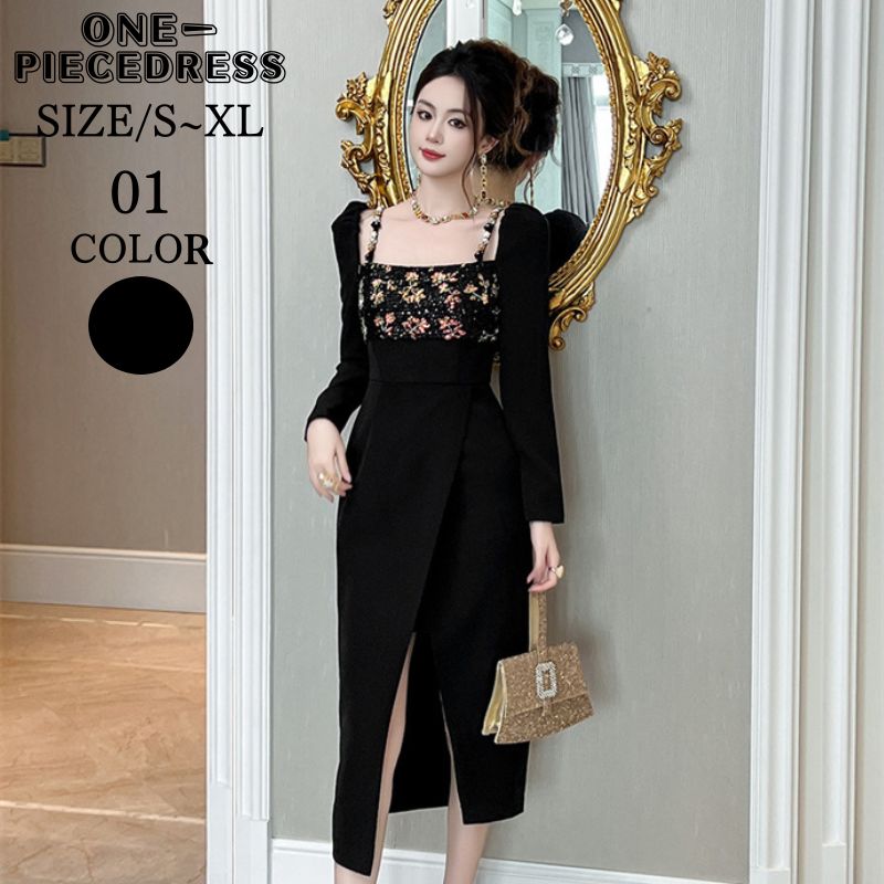 フラワー刺繍が施されたスリット入りブラックワンピース　ドッキングドレス　タイトワンピース　ロング丈　フォーマルドレス　パーティードレス　カジュアル　姫系　長袖　セクシー上品 大人 きれいめ スナック