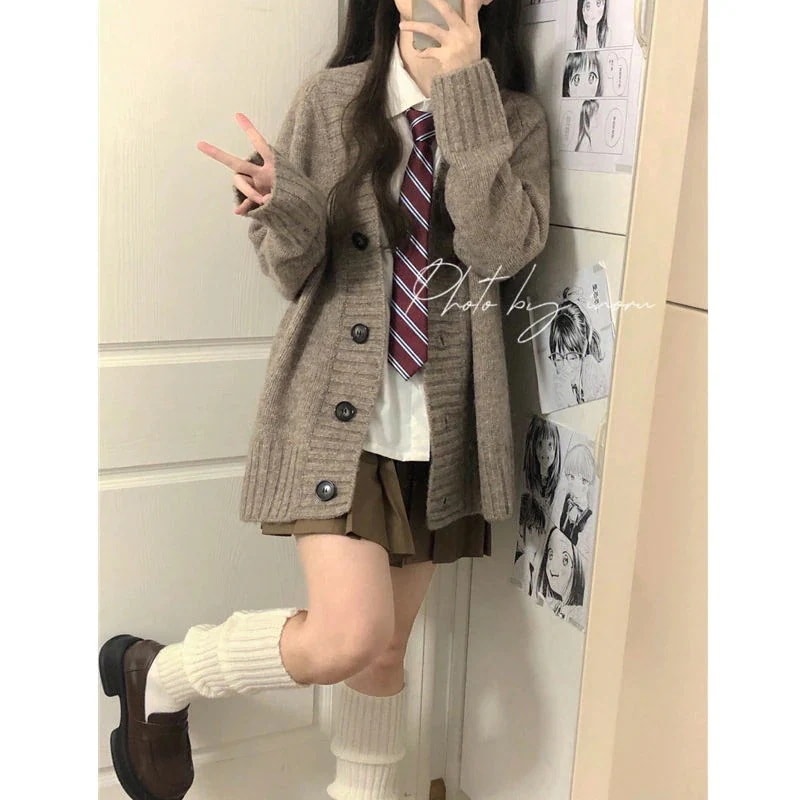 ニット涼しく楽ちんセットアップ秋 高校制服 4点セット 学院風セットレトロニットカーディガンコート＋シャツ＋ハイウエストプリーツスカート30%までに制限