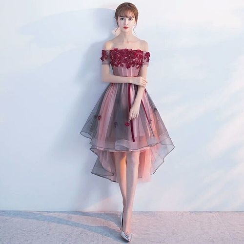 1474.花柄レースオフショルダーイレギュラーヘムドレス（ブラウン）パーティードレス 結婚式 披露宴 ウエディングドレス 姫系 同窓会 二次会 ワンピース 演奏会 忘年会 2019 春夏 sale