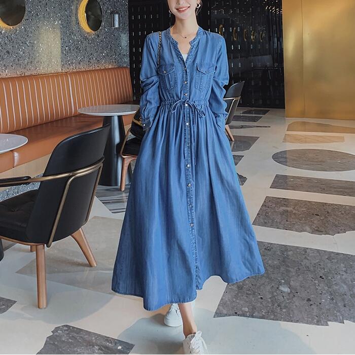 ワンピース ロングワンピ シャツワンピ 袖あり レディース きれいめ カジュアル ロング丈 ドロスト おしゃれ 大人 可愛い ワンピ ドレス 長袖 フェミニン シンプル 体型カバー ブルー 青 春 秋
