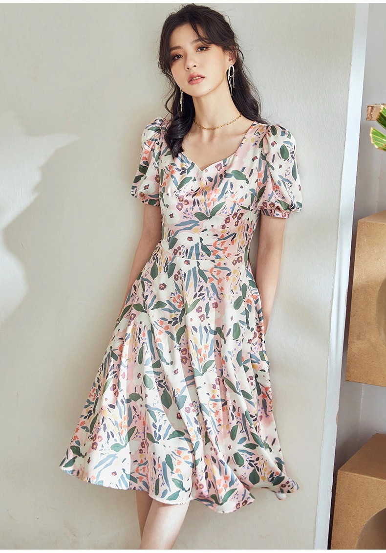 パフスリーブ フラワープリント 半袖ワンピース 膝丈 ミモレ丈 きれいめ リラクシー オフィスstyle 爽やかな着心地で軽やか印象 20代 30代 40代 50代 締め付けない 体型カバー きれいめ