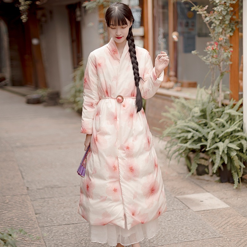 イーモ冬用ロングダウンジャケット国民風文学芸術レトロルーズ薄手コートヘアー