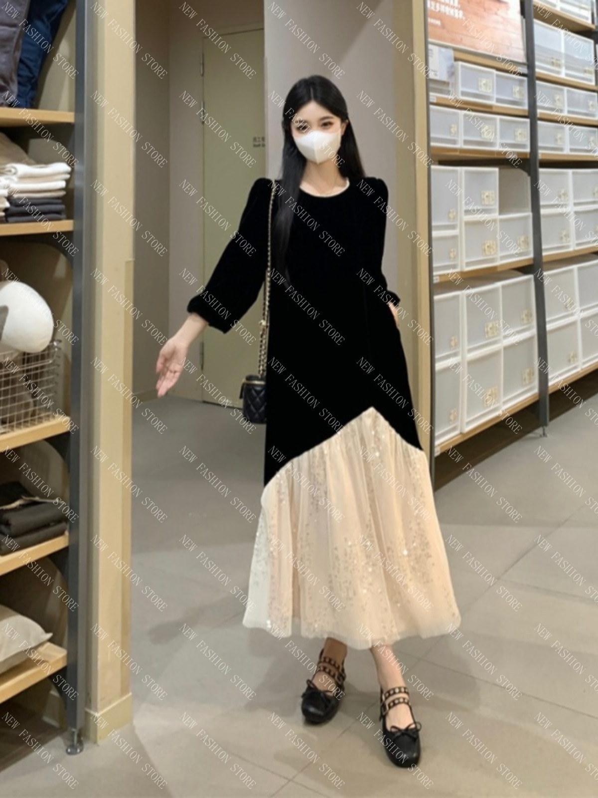 大きいサイズのフレンチワンピース女性の秋冬ロングスカート-36