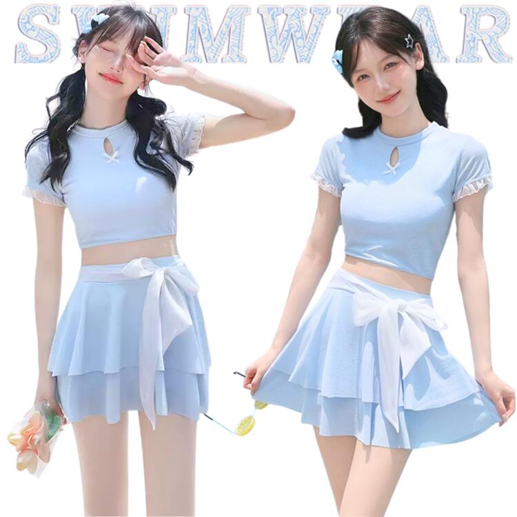 水色 水着 タンキニ 体型カバー スカート セパレート 2点セット 無地 韓国 水着 リボン飾り 可愛い 高校生 洋服見え 露出控え 水着 レディース かわいい パッド ワイヤレス 安全パンツ付 温泉