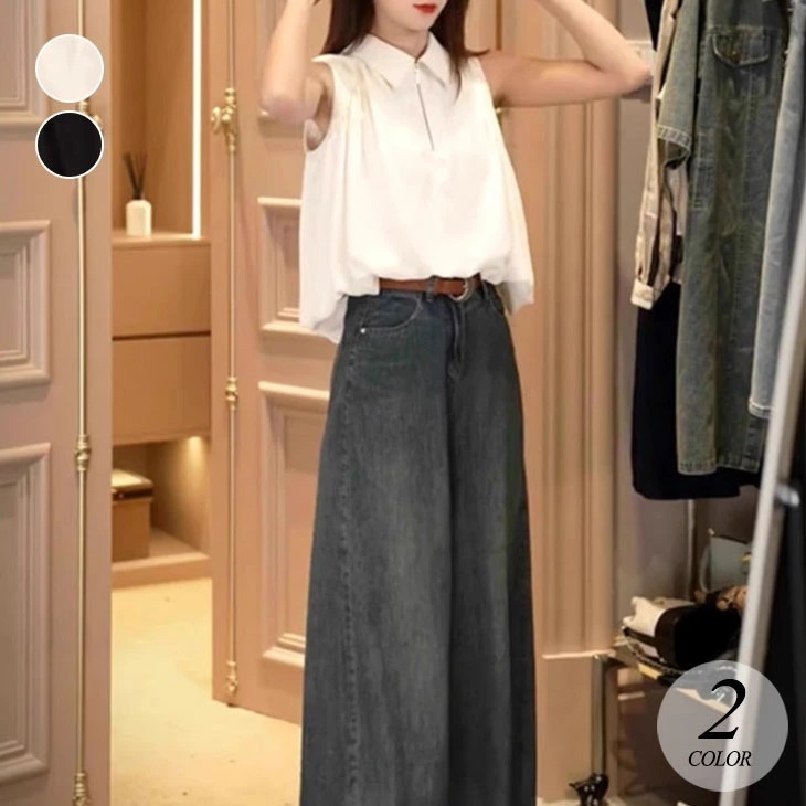 セットアップ ノースリーブ シャツ デニムパンツ レディース セットアップ ツーピース ジーンズ 夏 カジュアル 大人 大人カジュアル ノースリーブシャツ トップス ボトムス お洒落 セット ホワイト