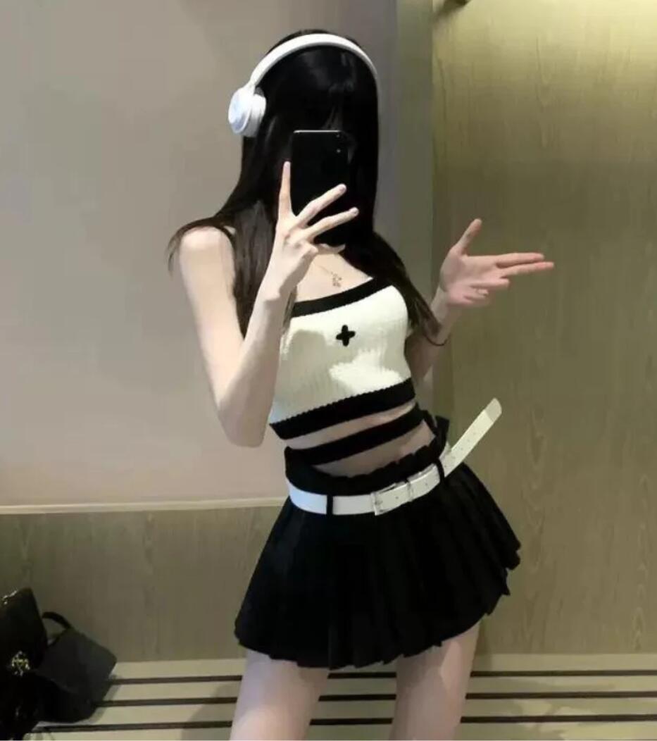 クロップド ノースリーブ ニット プリーツスカート セットアップ トップス ノースリーブ ショート丈 配色 タイト フィット ミニスカート ボトムス ミニ丈 上下セット