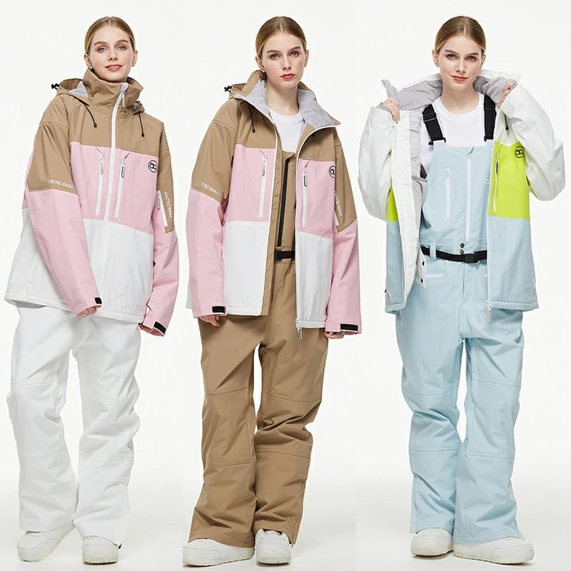 スノーボードウェア 上下セット スノボ セットアップ スキーウェア スノボウェア レディース メンズ スノボー スキー スノーボード 前開きジャケット ビブパンツ ボトムス 配色 海外通販