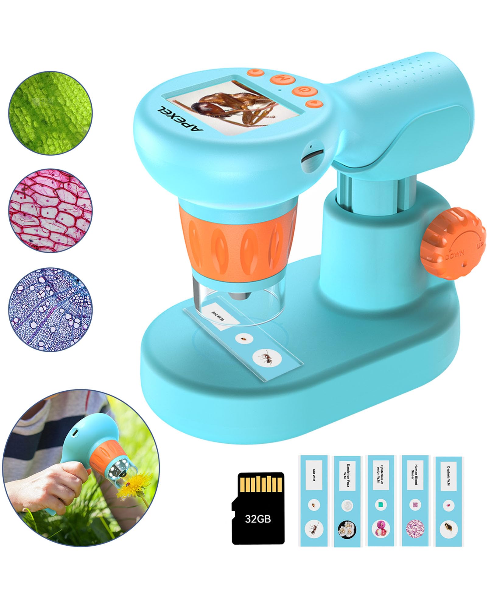 Apexel 顕微鏡 子供顕微鏡 可愛い外観 【屋内も屋外も自由に観察可】800X小学生顕微鏡 ハンディ顕微鏡 軽量 【目に優しいス大きいクーリング】操作簡単 標本付き 生物観察 好奇心 教育ギフト