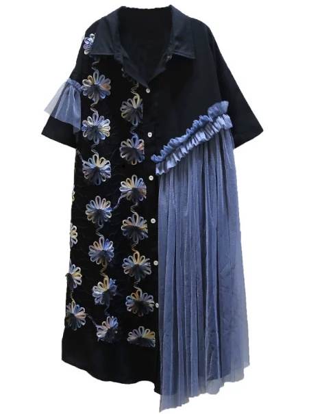 レディース トップスシャツワンピース ロング 丈長 半袖 襟付き 角襟 ストレート 刺繍 チュール フリル 切り替えデザイン かわいい おしゃれ かっこいい ルーズ 個性的 クール モード系 エレガン