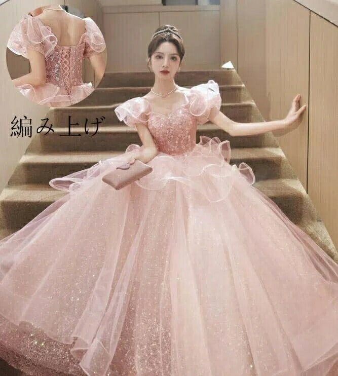 新入荷！パーティードレス Aラインドレス ロング丈ワンピース プリンセスライン 結婚式 演奏会 ステージ衣装 オフショルダー 編み上げパーティードレス Aラインドレス
