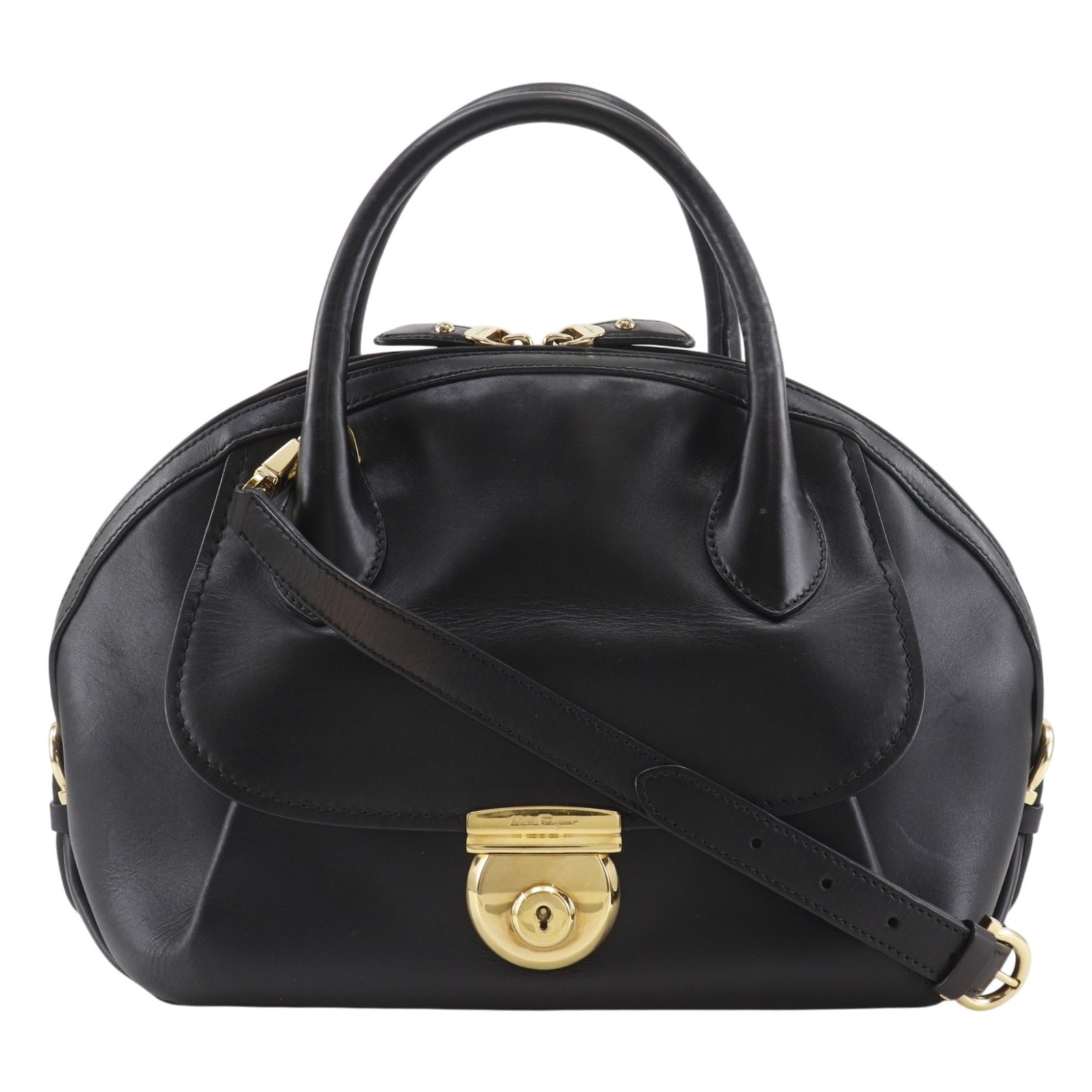 Salvatore Ferragamo サルヴァトーレフェラガモ フィアンマ 2WAYショルダー GF-21E770 ハンドバッグ カーフ 黒 レディース 中古品
