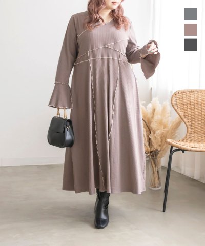 大きいサイズ レディース LL 3L 4L XL XXL XXXL CLETTEオリジナル配色メロー長袖リブワンピース