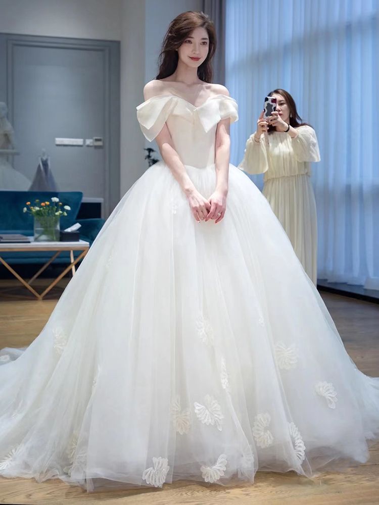 結婚式メイン糸結婚式2024トレーリングワンショルダー気質花嫁ハイエンドテクスチャサマープチ