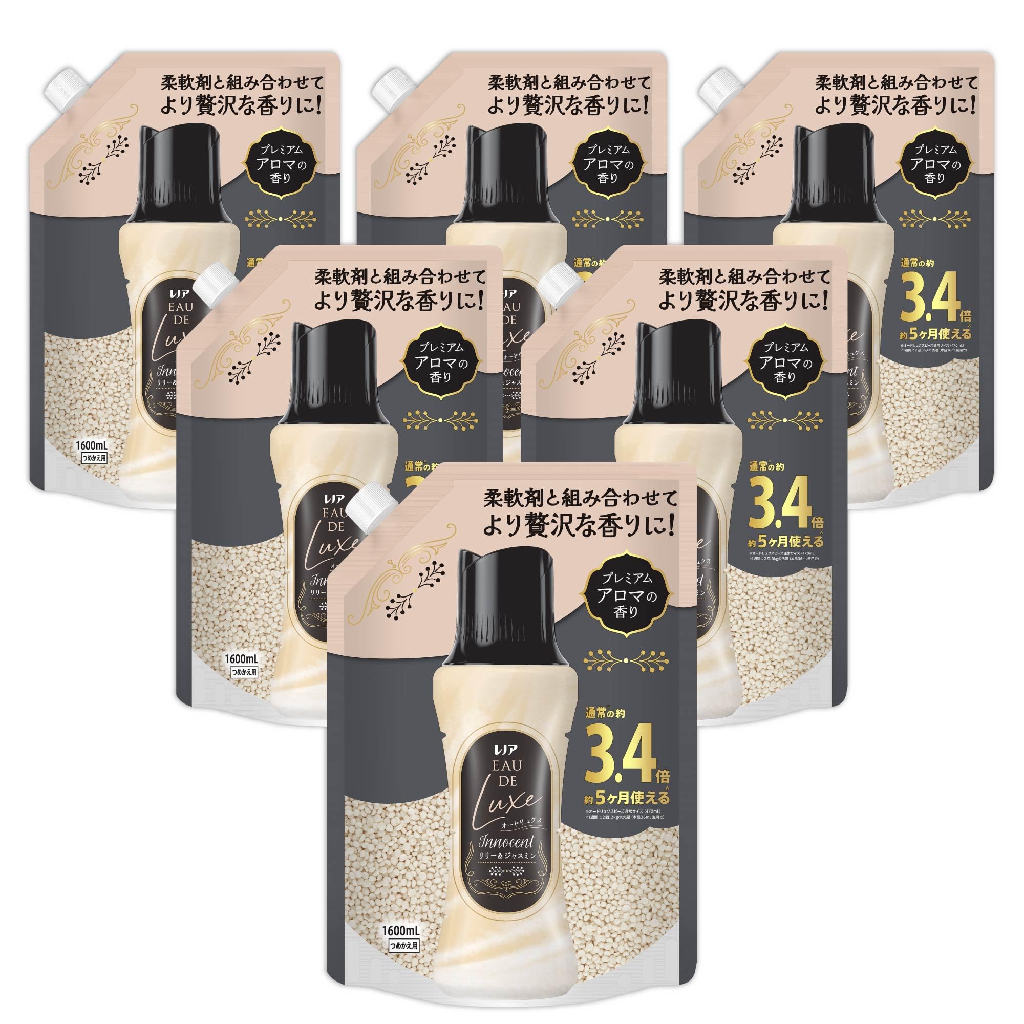 レノア オードリュクス [新モデル] Innocent お洗濯の香り付けビーズ リリー&ジャスミンの香り 詰め替え 1600mL×6袋 [大容量] [ケース品] 柔軟剤と一緒に使って香り長続き