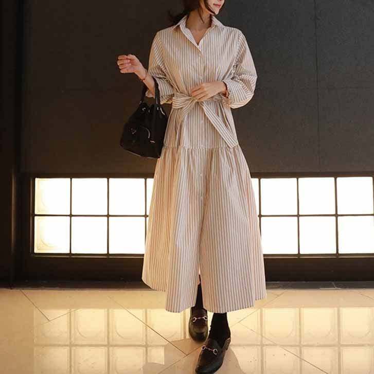 ロング丈シャツワンピースストライプボリューム袖マキシ丈ハイウエストAラインフレアスカート綿コットン