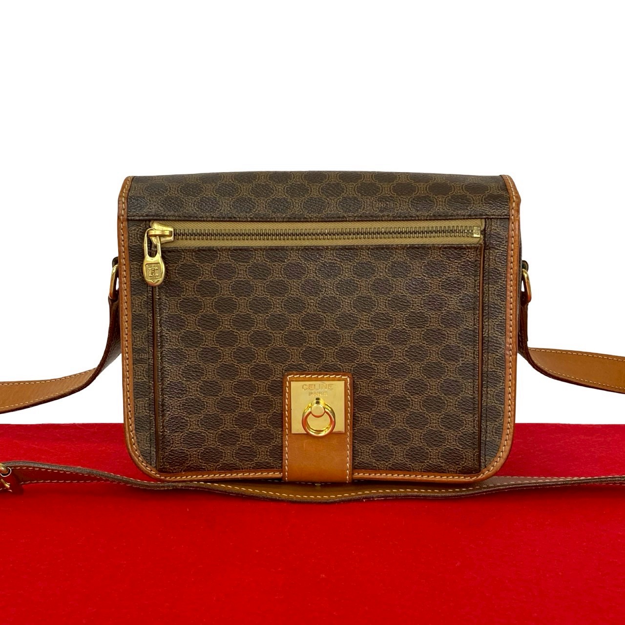 ヴィンテージ マカダム ブラゾン トリオンフ 柄 ロゴ リング金具ショルダーバッグ レザー PVC ブラウン 79122