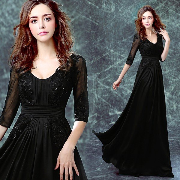 パーティードレス 袖あり 結婚式 フォーマル イブニングドレス 安い ロング カラードレス 黒 秋冬