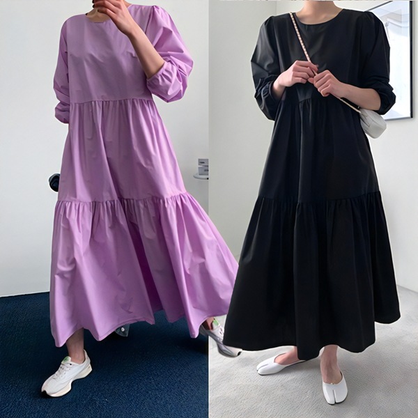 ２色展開 レディース ワンピース ロングワンピース ロングワンピ 長袖 膝下 ロング丈 マキシ丈 マキシ アンクル丈 Aライン ボリューム袖 切り替え ティアードワンピ フレア フレアスカート