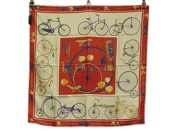 スカーフ シルク100% - 大判 自転車柄 レッド系×マルチカラー ショール ブランド 高級 ギフト プレゼント レディース【本物保証】
