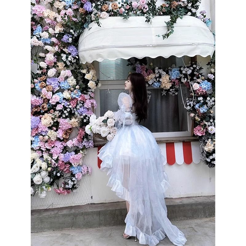 女性用スウィートドレスブルーブとテールドレス夏ふわふわプリンセススカートスーツ