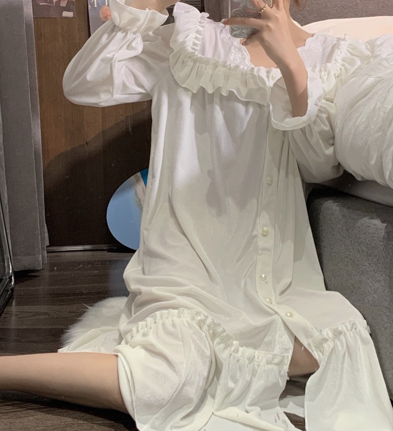 ルームウェア パジャマ デート モテアイテム ネグリジェ ロング丈 長袖 リネン 可愛い きれいめ 上品 おしゃれ かっこいい 可愛い ラブリー キュート ガーリー クール モード系 セクシー