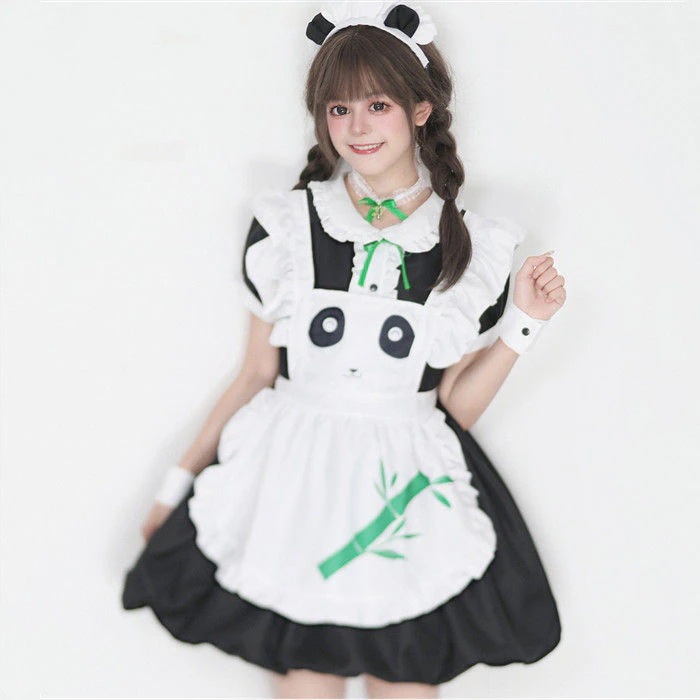 メイド服 パンダ 竹 半袖 ショート丈 膝丈 裾フリル エプロンドレス 緑のリボン 大人 レディース