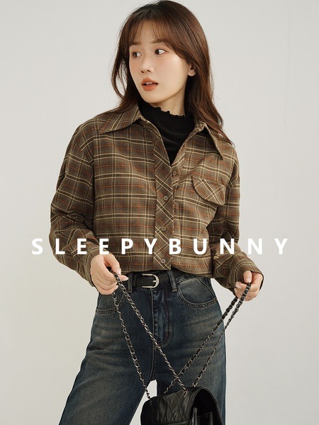 スリーピーラビットチェック柄起毛レディース冬カジュアルルーズシャツ