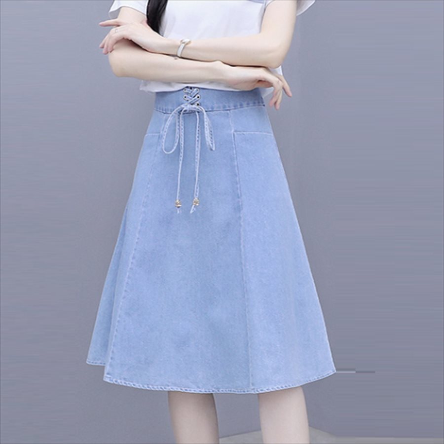 スカート ロングスカート ミモレ丈 膝丈 フレア Aライン シンプル 編み上げ コルセット風 ハイウエスト ポケット デニム 薄手 かわいい 大人可愛い きれいめ カジュアル 大人ミディアムスカート
