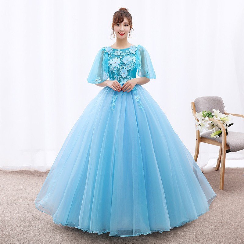 ウエディングドレス 半袖 カラードレス 青 コンサート 安い ロングドレス 演奏会 二次会 プリンセ