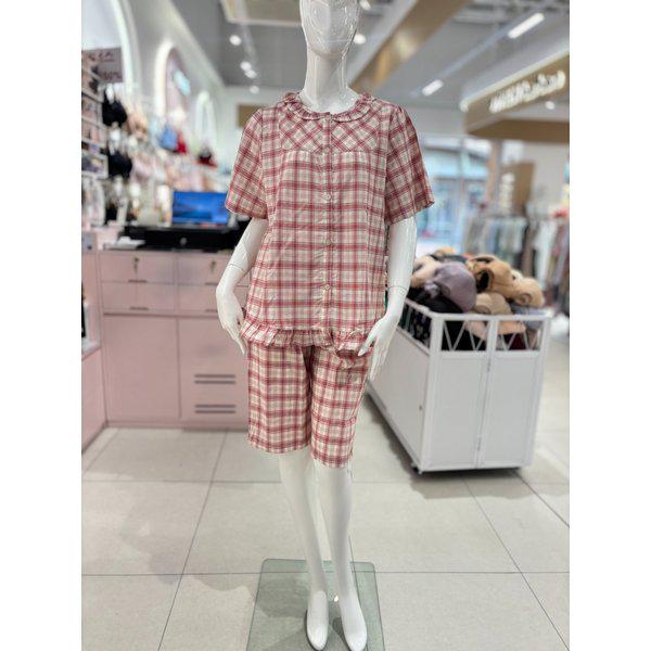[驪州店] 綿先染めチェック女性半袖半ズボンパジャマ寝巻き [VPA4533W]