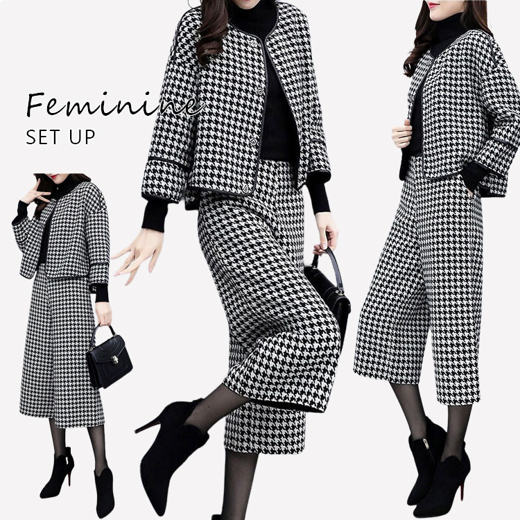 【新作】2点セット 千鳥柄 スーツ セットアップ 秋 冬 大人 流行 スーツ きれいめ レディース ジャケット カジュアル ファッション　韓国　50代 30代 40代 新作　膝丈 通学 通勤　レディ