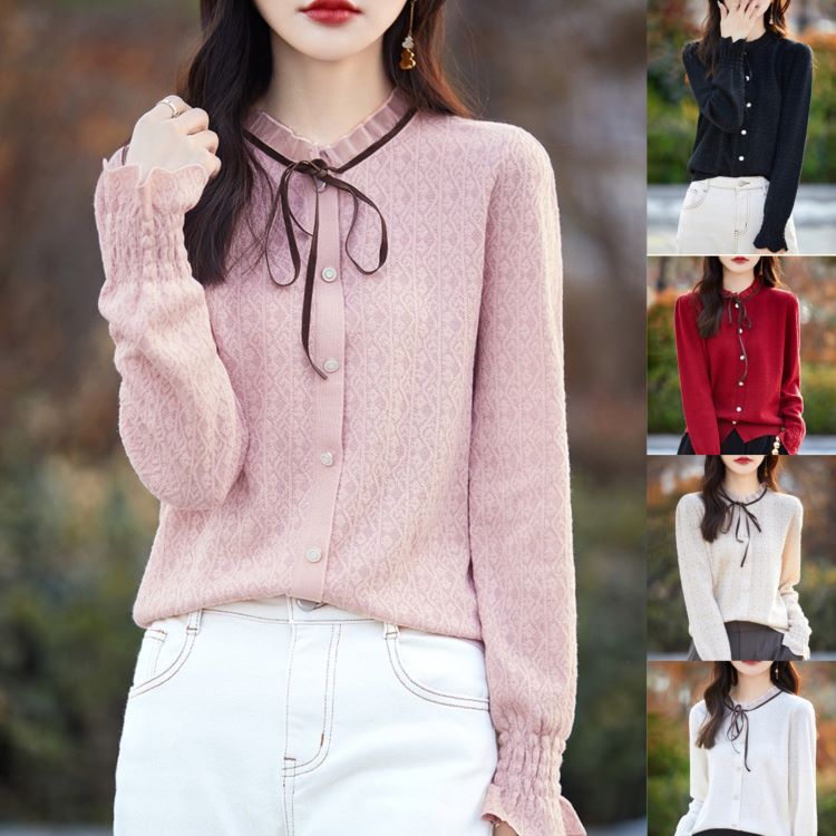 【即納】ウールカーディガン リボン カーディガン レディース ウール ニット レディース 無地ニット ご自宅で洗える ウール 暖かくて肌触り良い柔らかさ ニット お洒落 おしゃれ デザイン M L