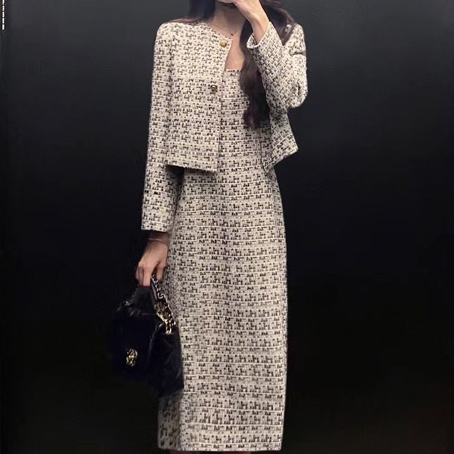 2点セット セットアップ 上下セット ジャケット ノーカラージャケット ショート丈 長袖 ラウンドネック 前開き ボタン ミモレ丈ワンピース ミモレ丈 かわいい 大人可愛い きれいめ シンプル