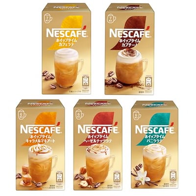 他サイト： 【Amazon.co.jp 限定】ネスカフェ ホイップタイム 5種アソート(カプチーノ/カフェラテ/キャラメルマキアート/ヘーゼルナッツラテ/バニララテ)の商品画像