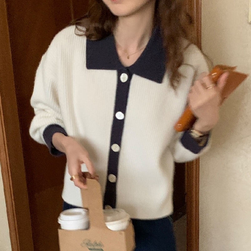 カラー配色 いびつボタン トップス セーター カーディガン プルオーバー 長袖 ドロップショルダー