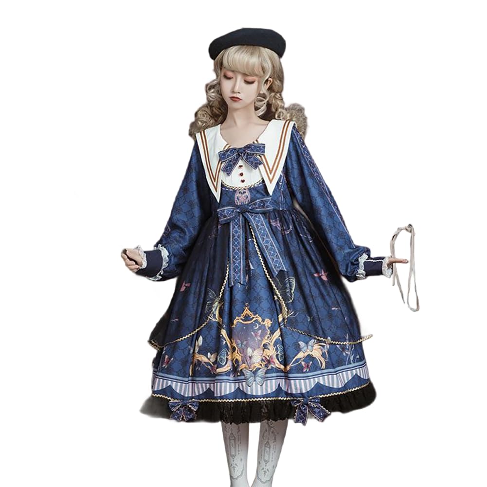 セーラーカラー ロリータワンピースネイビーブルー長袖レース装飾リボン付きクラシカルデザイン