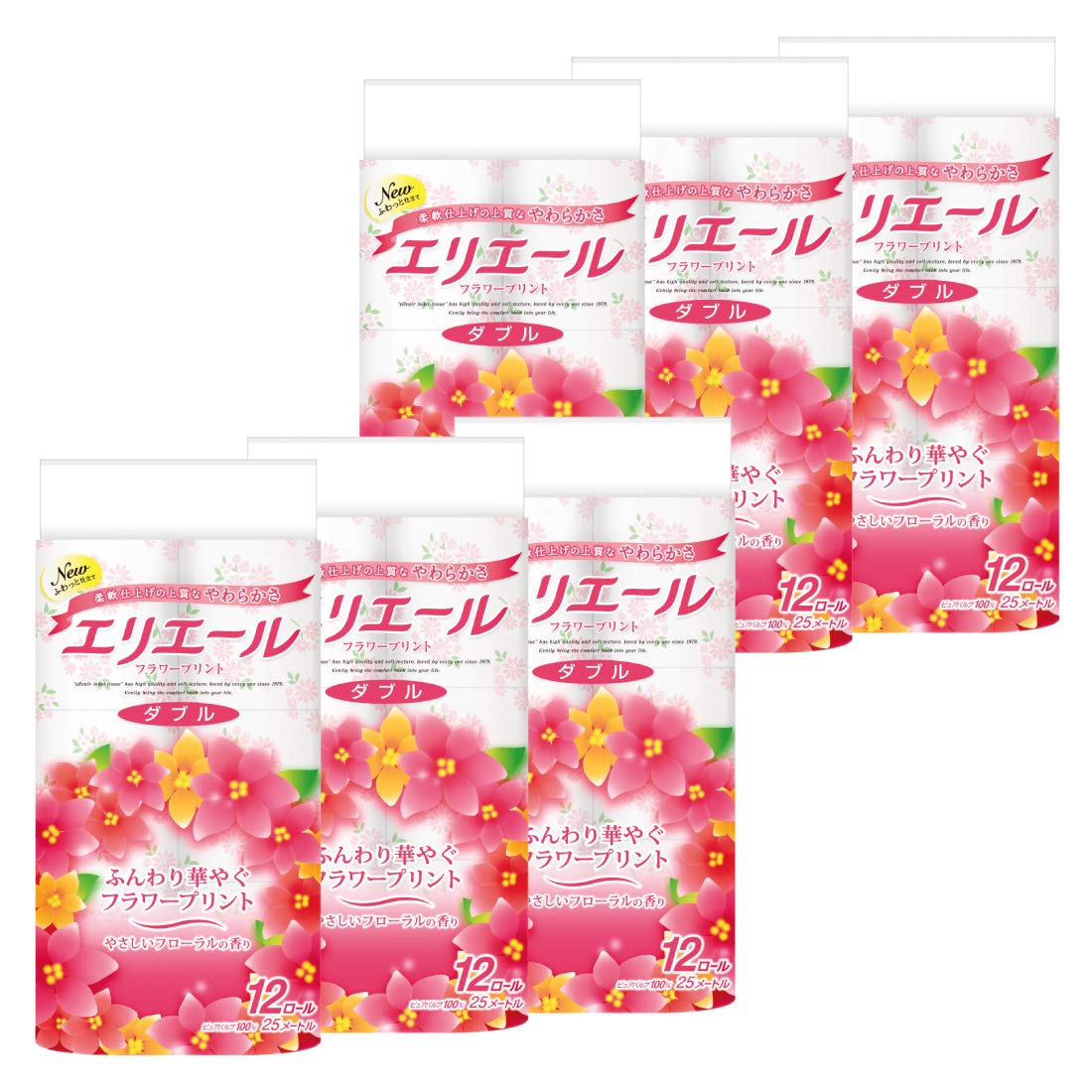 エリエール トイレットペーパー フラワープリント 25m72ロール(12ロール6パック) ダブル パルプ100% 優雅な花の香り 【ケース販売】